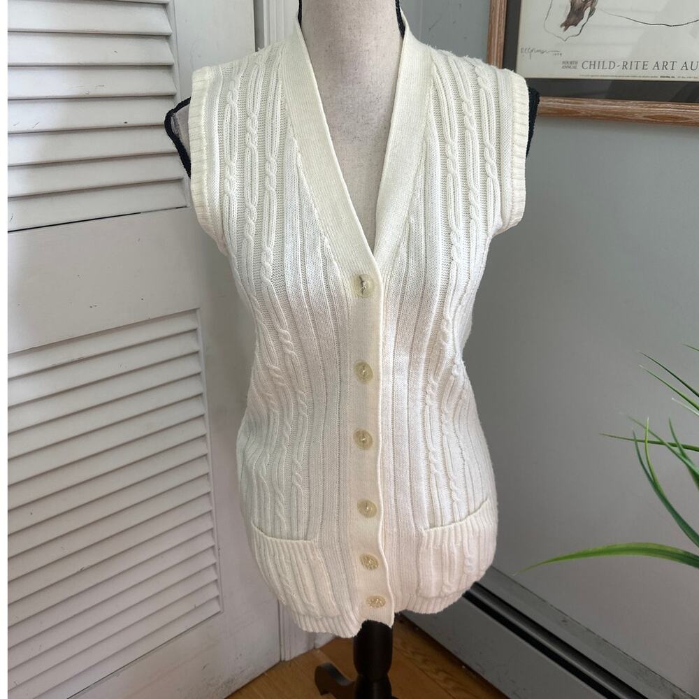 Vintage Sweater Vest Womens Medium Cream Ribbed Knit Pockets Retro 70s Preppy